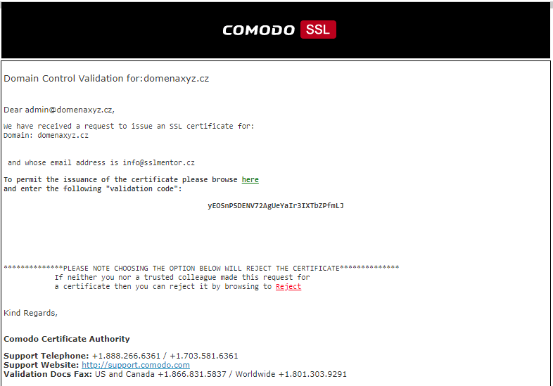 Email di convalida DV di Comodo CA