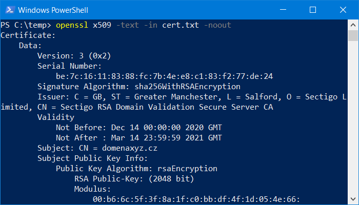 OpenSSL - visualizzazione delle informazioni del certificato